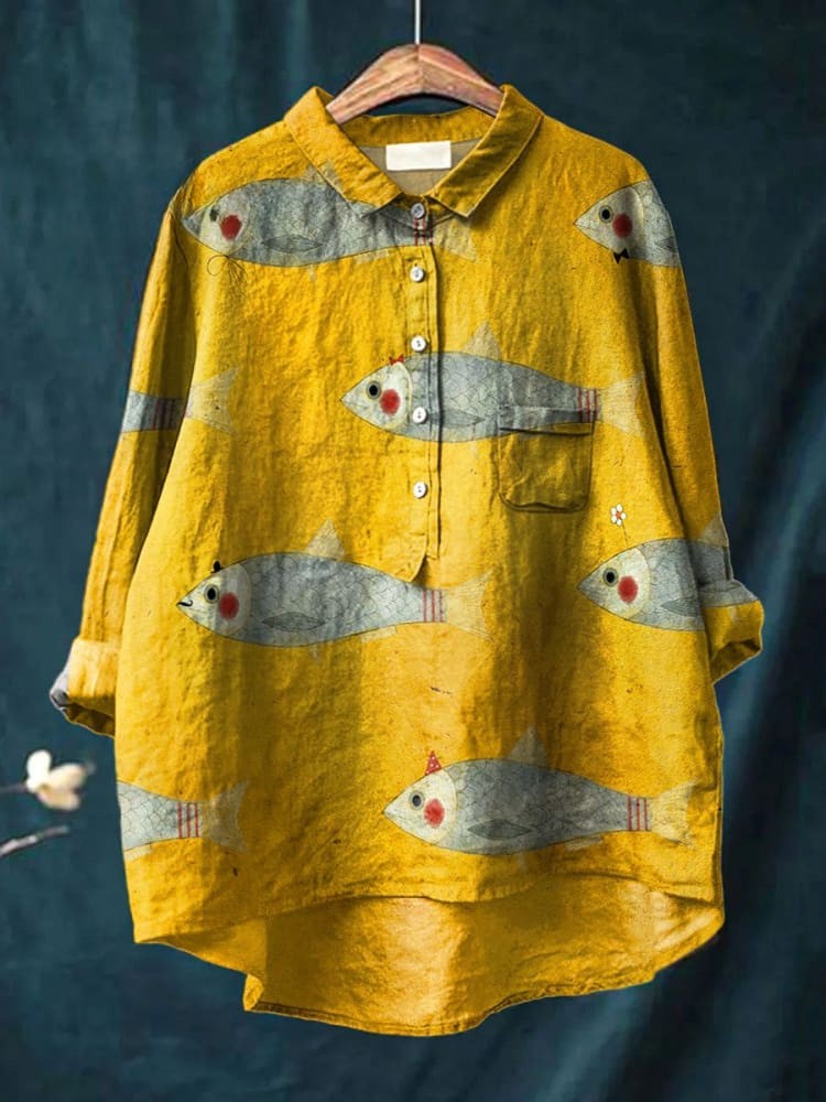 Women's Vintage Fish Art Print Casual Linen Shirt