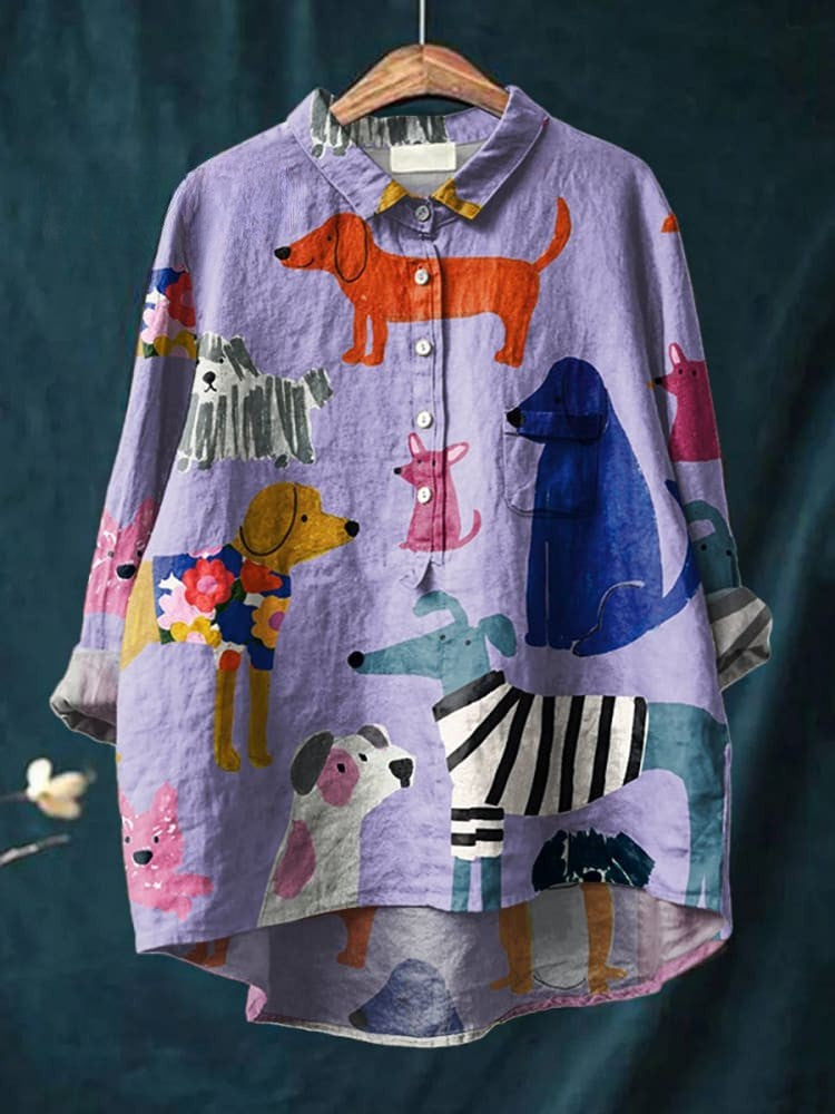 Women's Dog Art Print Casual Linen Shirt