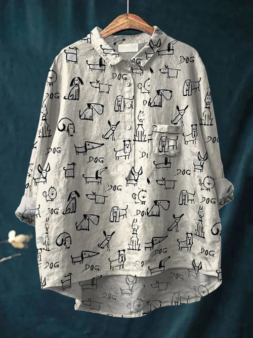 Women's Cute Dog Print Casual Linen Shirt