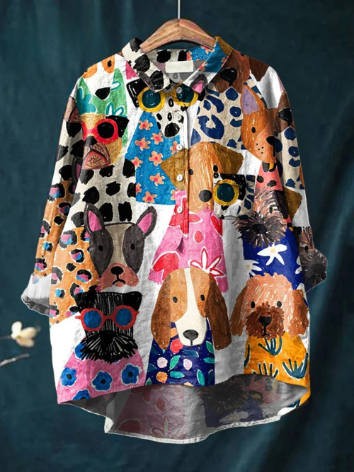 Women's Dog Art Print CasualLinen Shirt