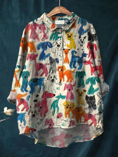 Women's Kid Drawing Art Dog Art Print Casual Linen Shirt