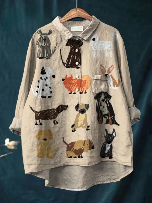 Women's Dog Art Print Casual Linen Shirt