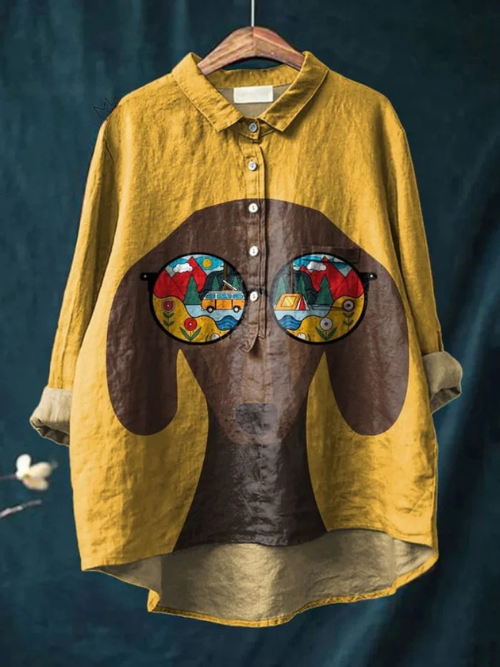 Women's Fun Puppy with Sunglasses Print Casual Linen Shirt