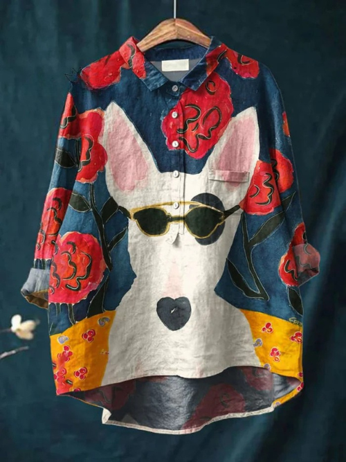 Women's Funny Bull Art Print Casual Linen Shirt