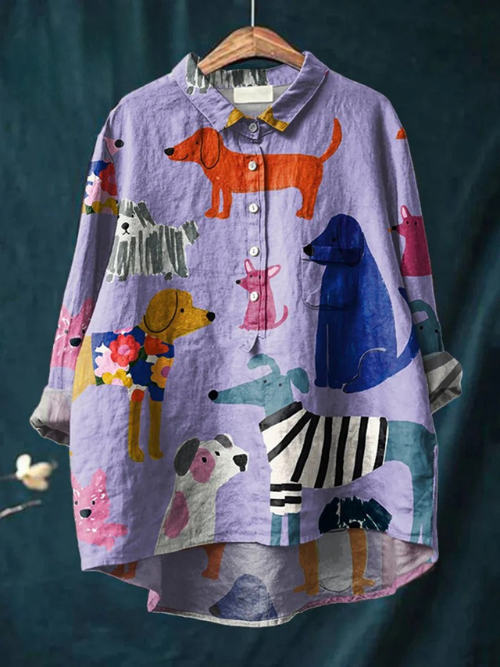 Women's Dog Art Print Casual Linen Shirt