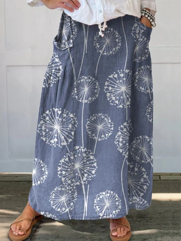 Women's Dandelion Art Print Linen Elastic waistband Pocket Skirt