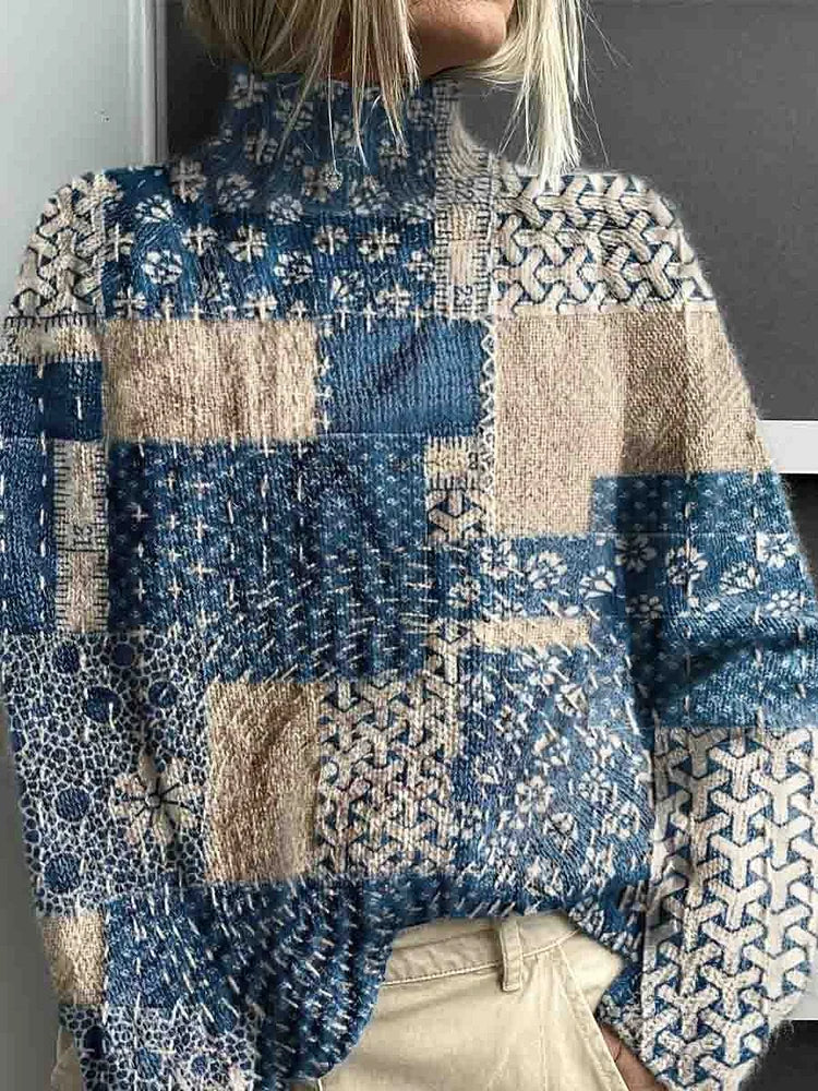 Women's Printed Knitted Turtleneck Pullover