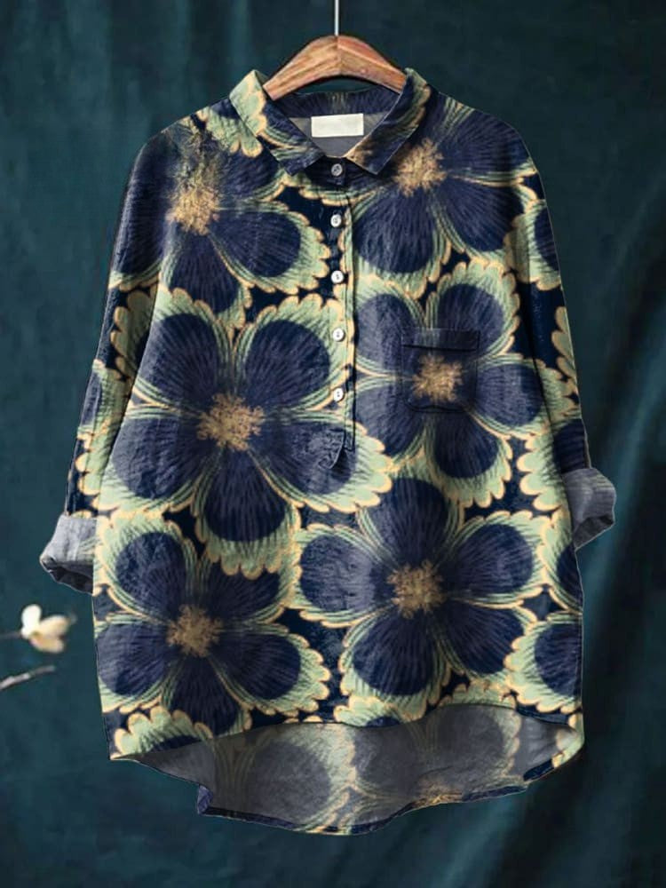 Women's Vintage Floral Art Print Casual Linen Shirt