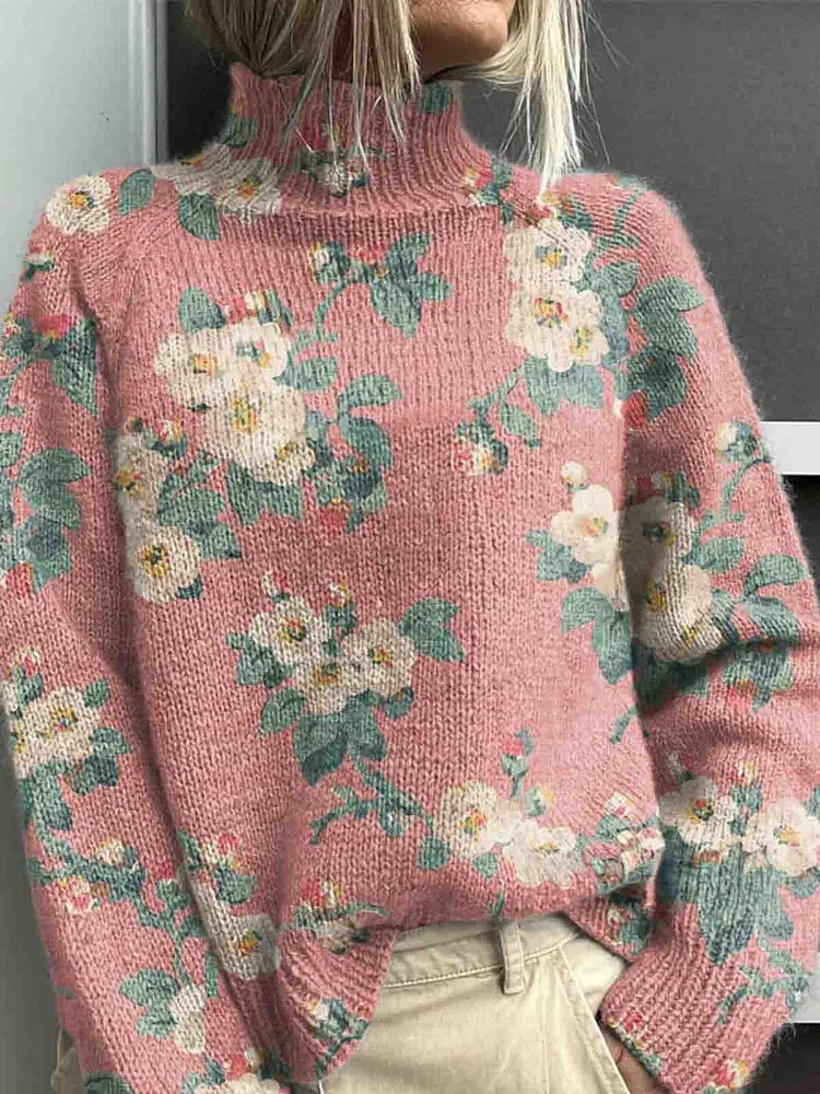 Women's Retro Floral Art Print Turtleneck Fleece Sweatshirt