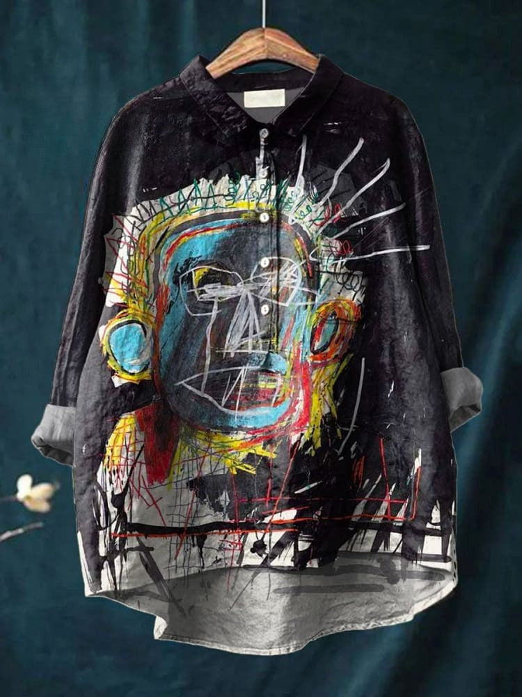 Vintage Abstract Figure Painting Art Print Casual Linen Shirt