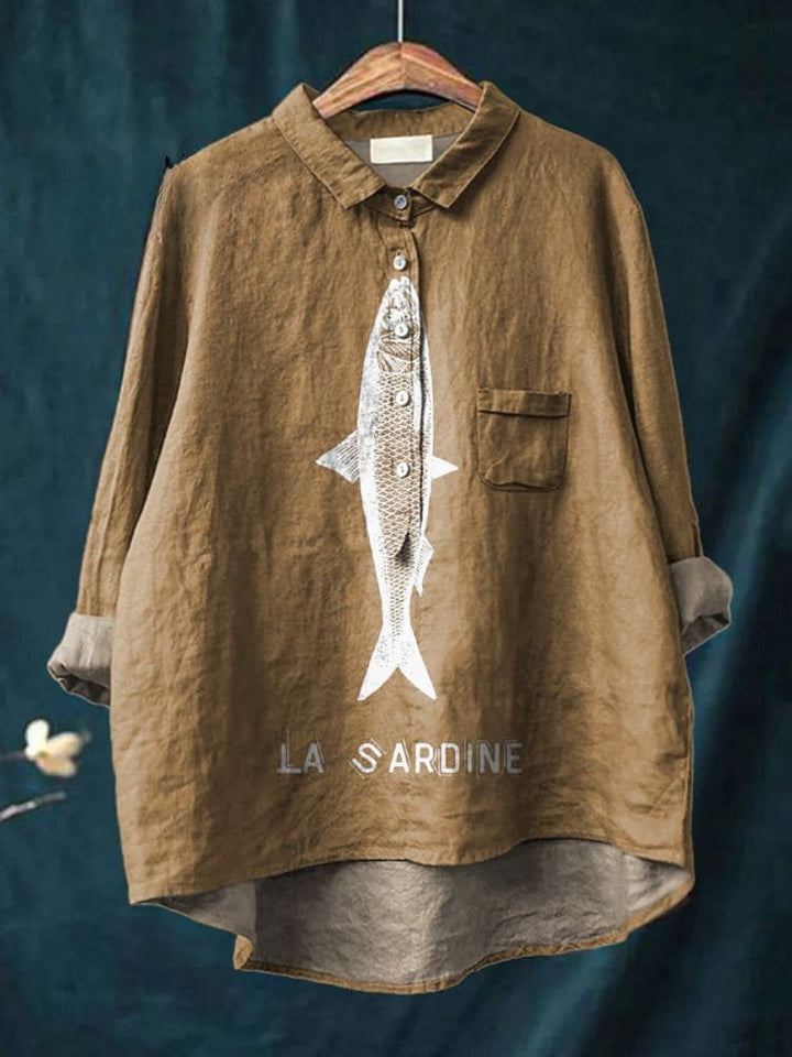 Sardine Fish Graphic Printed Women's Casual  Linen Shirt