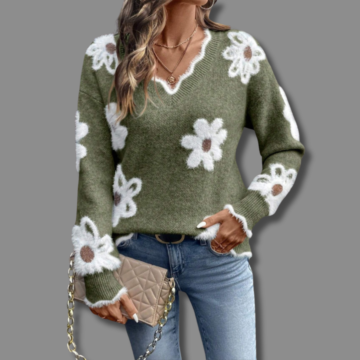 THEA | ELEGANT V-NECK FLORAL SWEATER